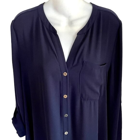 CHICOS SIZE 1 8/10 SEMI-SHEER NAVY BLUE OPEN SIDED TUNIC BLOUSE - Picture 8 of 10